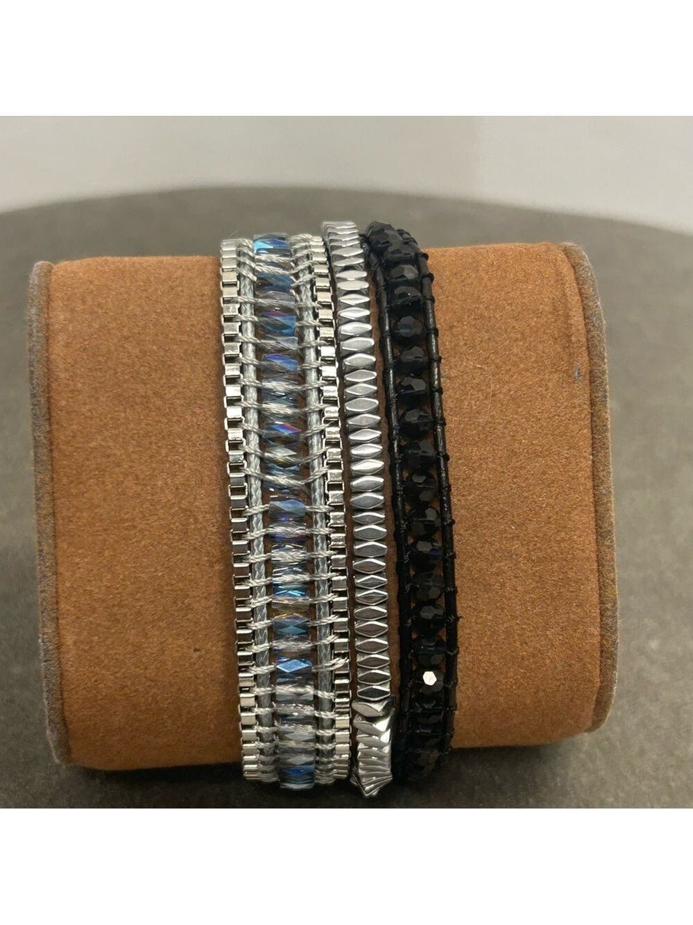 Victoria Emerson Silver tone blue black beaded borealis multi layered bracelet
